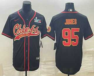 Mens Kansas City Chiefs #95 Chris Jones Black With Super Bowl LVII Patch Cool Base Stitched Baseball Jersey